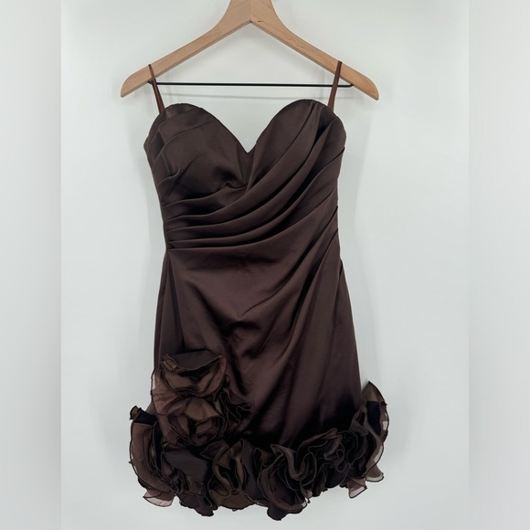 Jovani Satin Ruffle Mini Dress Evening Prom Formal Cocktail - Brown - Size 6 - Picture 2 of 7